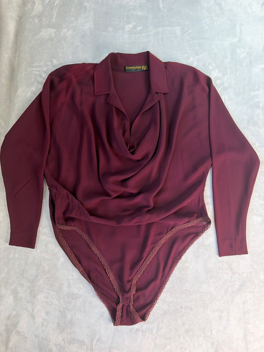 Vintage Donna Karan New York 100% Silk Bodysuit Burgundy Draped Cowl Size 10 90s